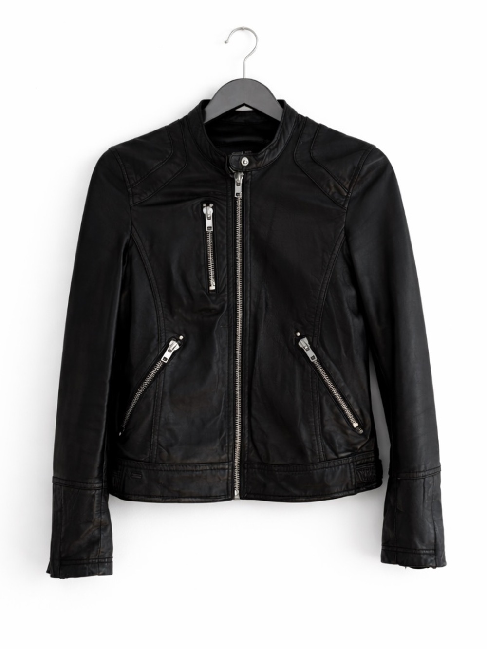 Pull & Bear 100% Leather Moto Biker Black Jacket Womens Size Medium